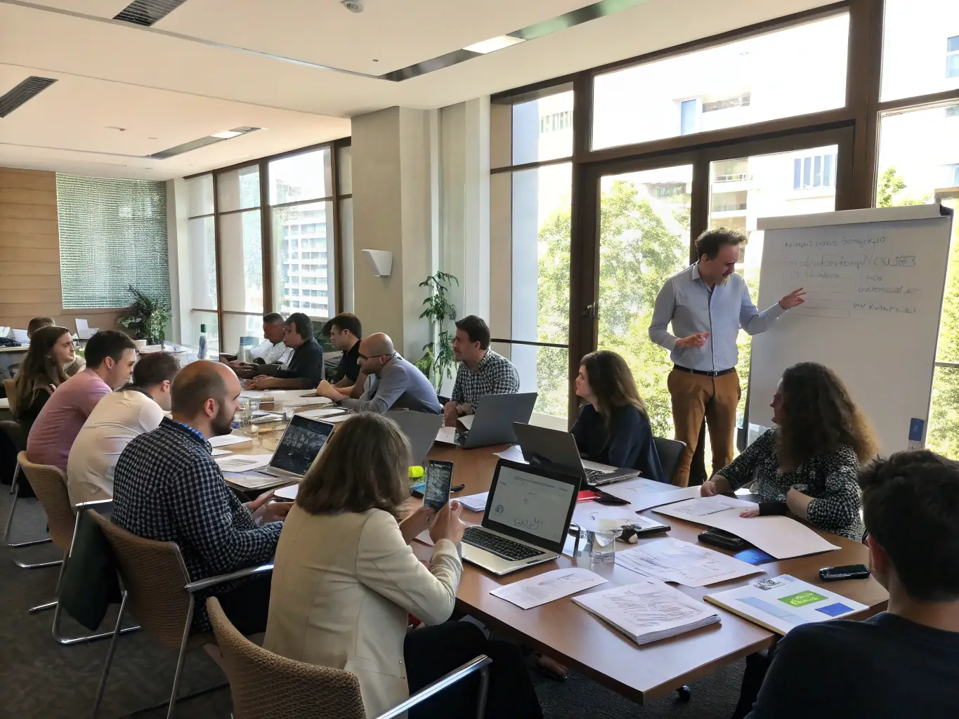 An image showing a consultant facilitating a workshop with a diverse group of employees, emphasizing team alignment.
