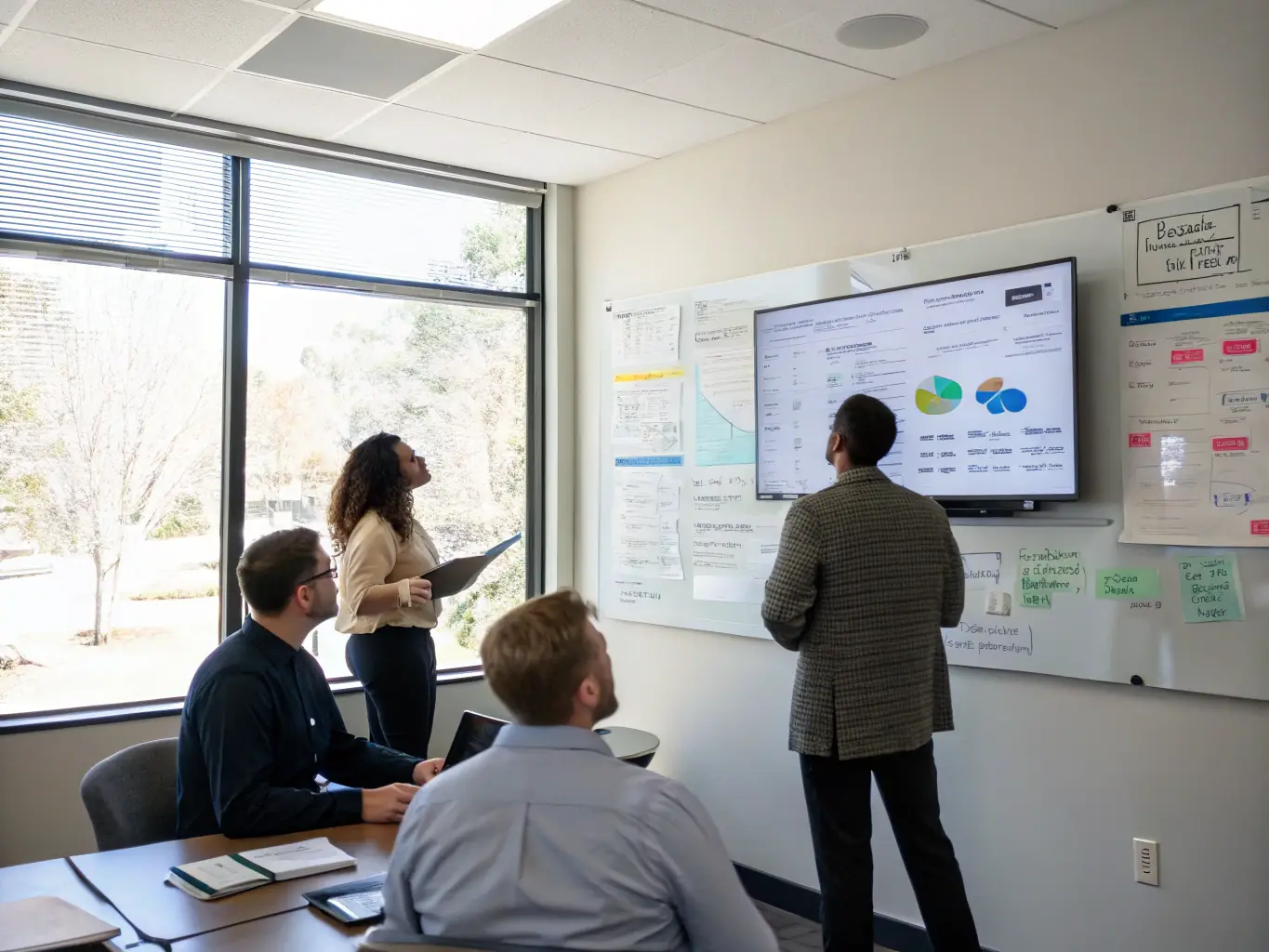 An image of a team of consultants collaborating over strategic plans and charts in a modern office setting.