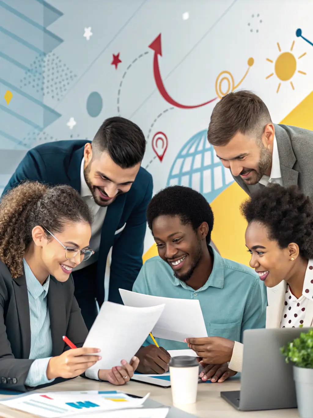 A diverse team of consultants brainstorming ideas in a modern office, using sticky notes on a glass wall, representing strategic planning consulting.