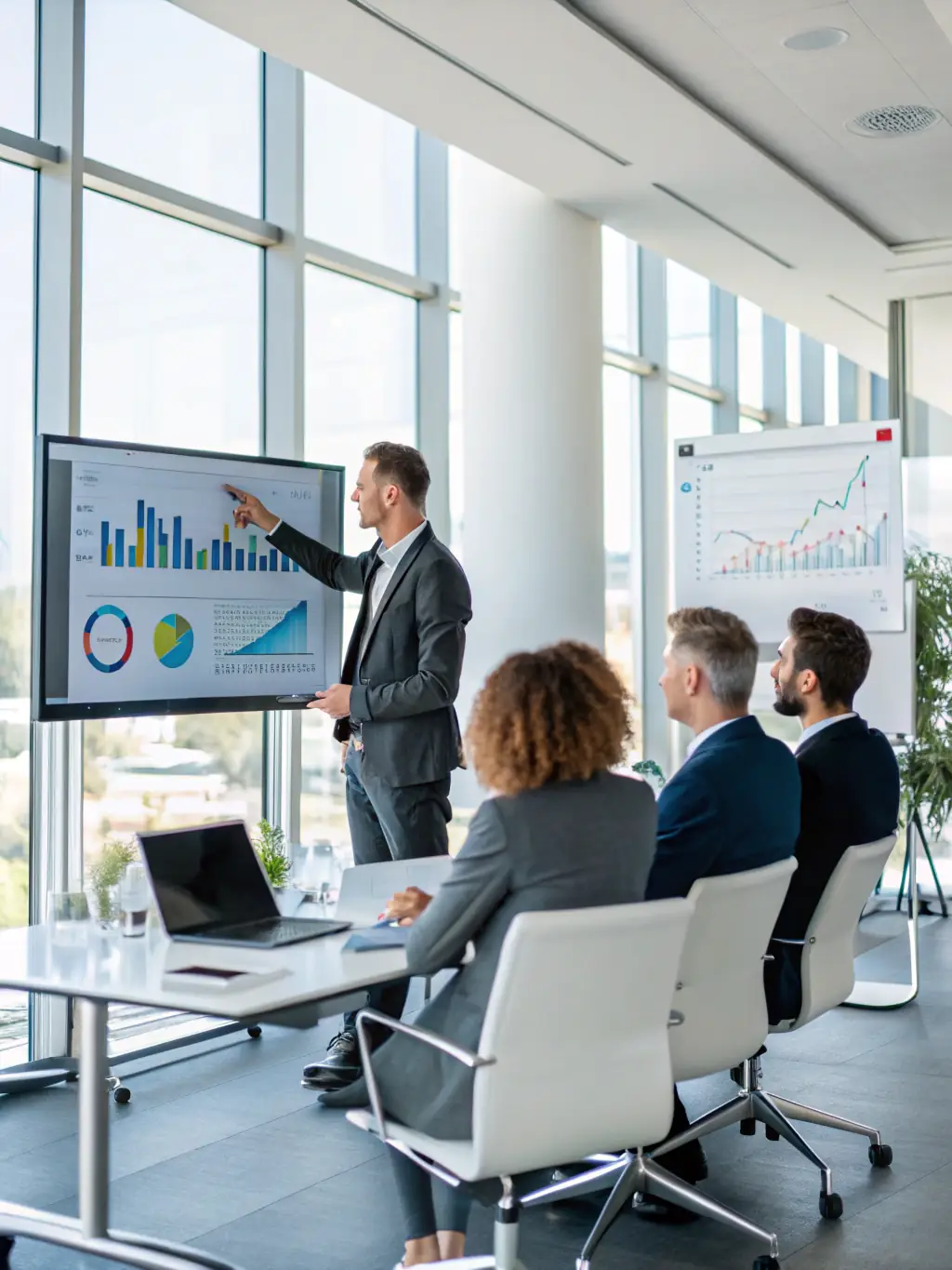A consultant presenting data analytics and insights on a screen, highlighting key performance indicators and trends, in a modern conference room, representing data analytics consulting.