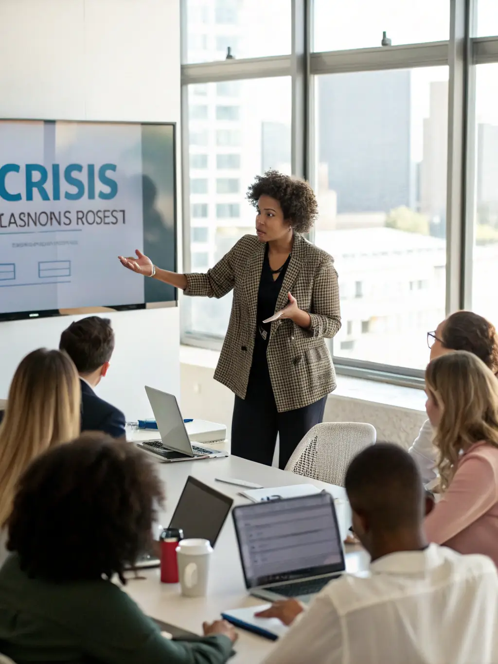 A consultant leading a workshop, engaging with participants in a collaborative discussion, using visual aids and interactive exercises, symbolizing training and development consulting.